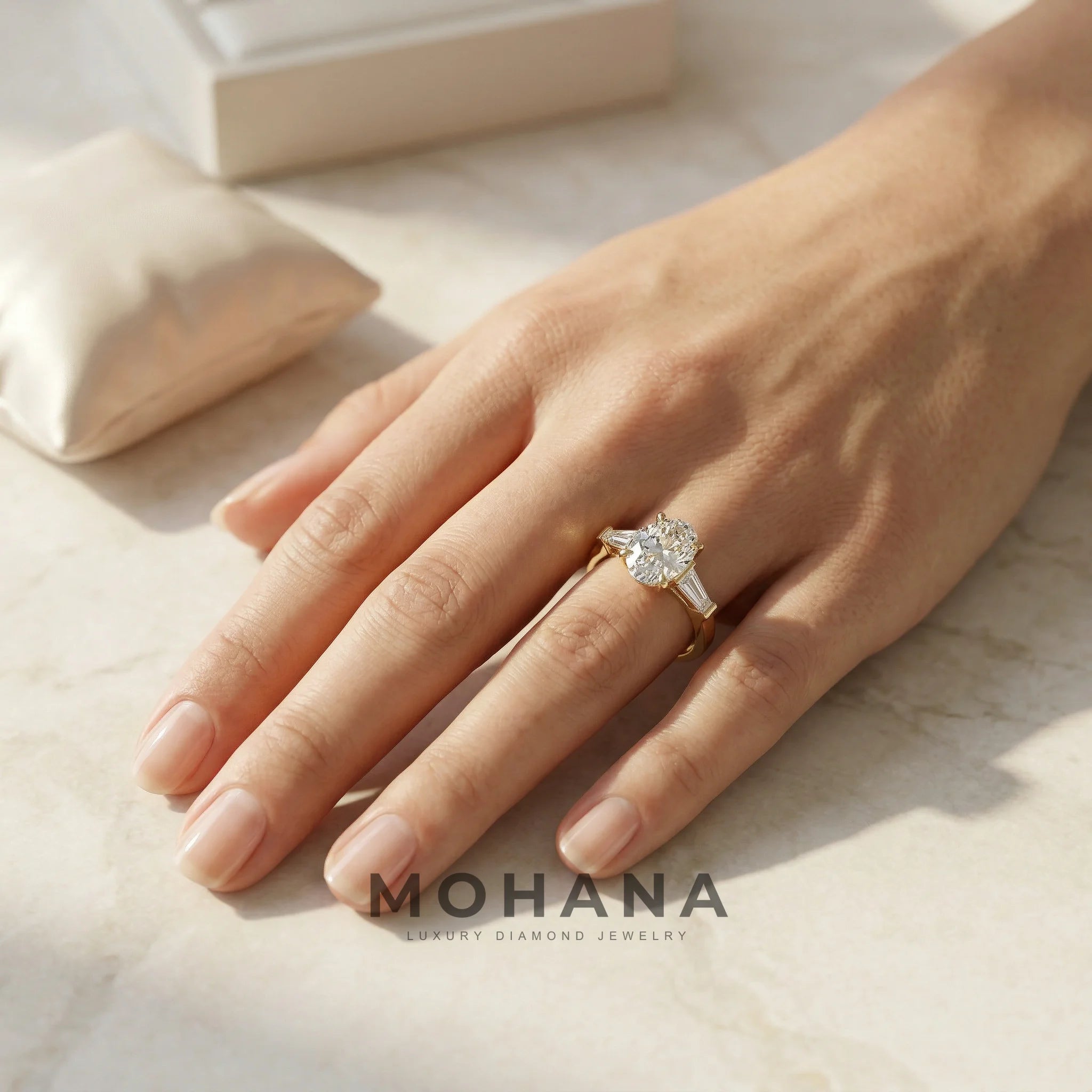 3.75 Carat E/VVS Oval & Tapered Baguette Lab Grown Diamond Three Stone Engagement Ring