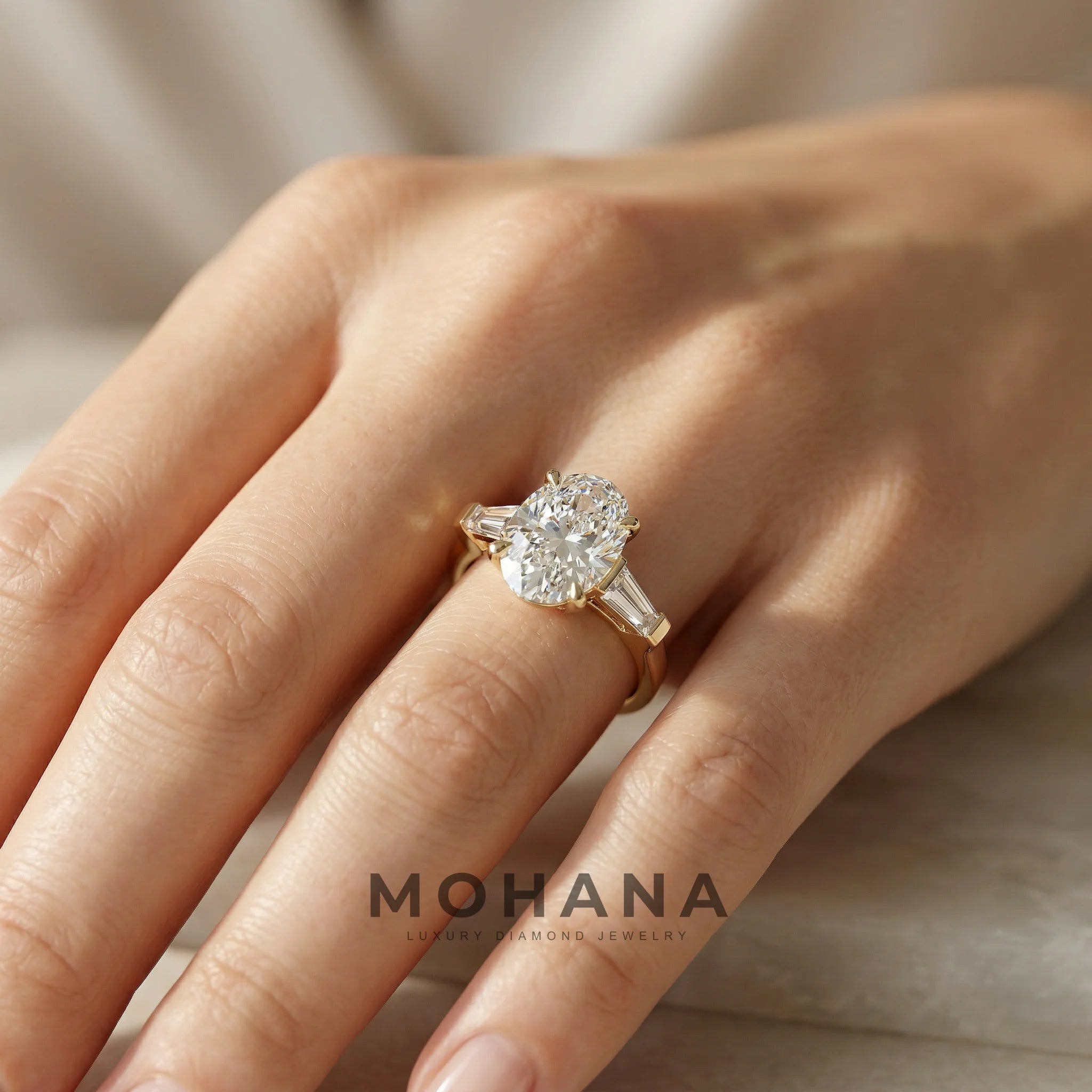 3.75 Carat E/VVS Oval & Tapered Baguette Lab Grown Diamond Three Stone Engagement Ring