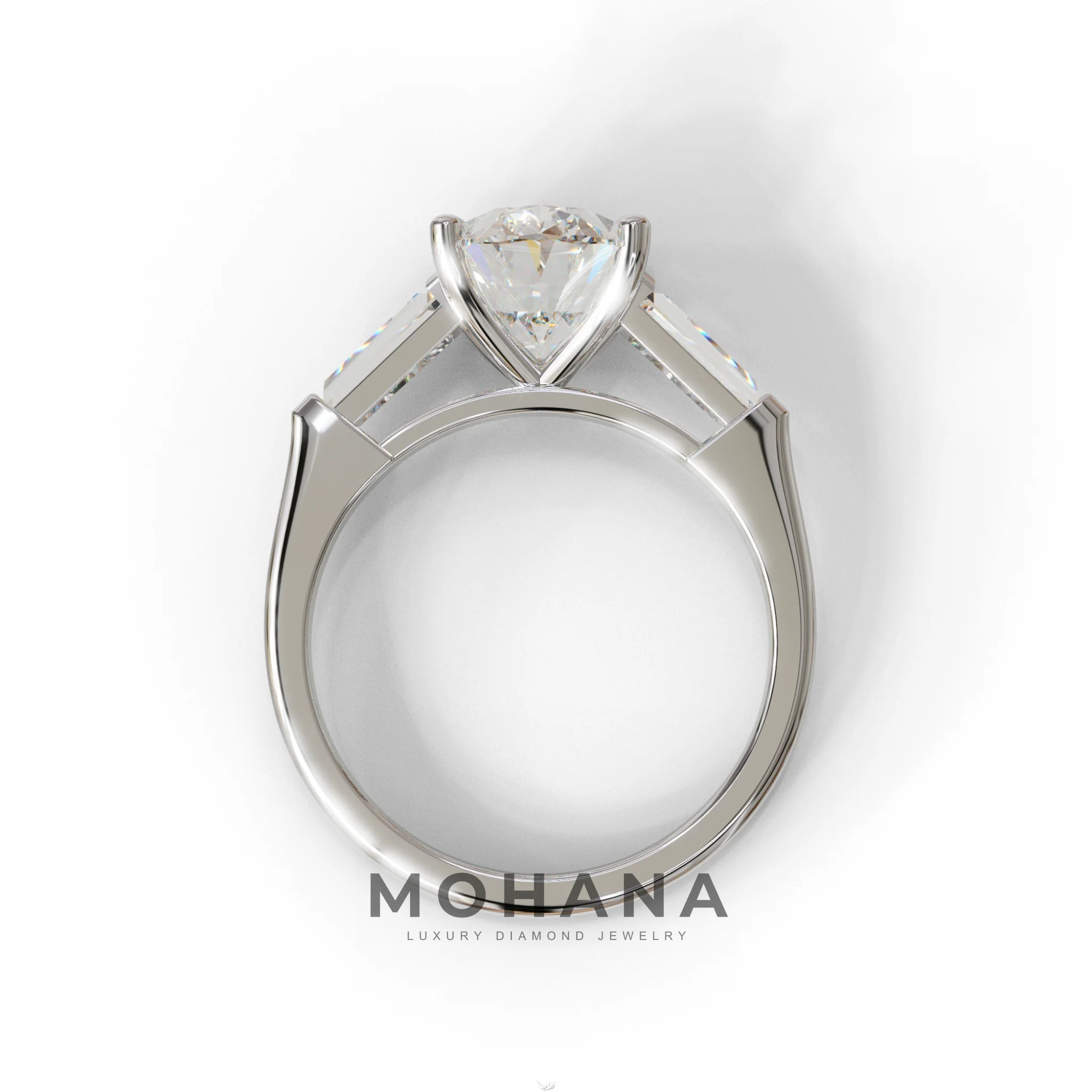 3.75 Carat E/VVS Oval & Tapered Baguette Lab Grown Diamond Three Stone Engagement Ring