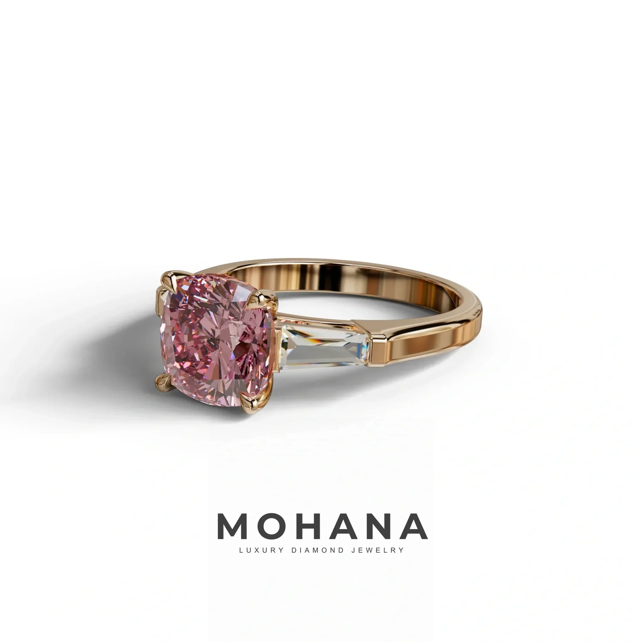 3 Carat Pink Cushion & Tapered Baguette Three Stone Engagement Ring