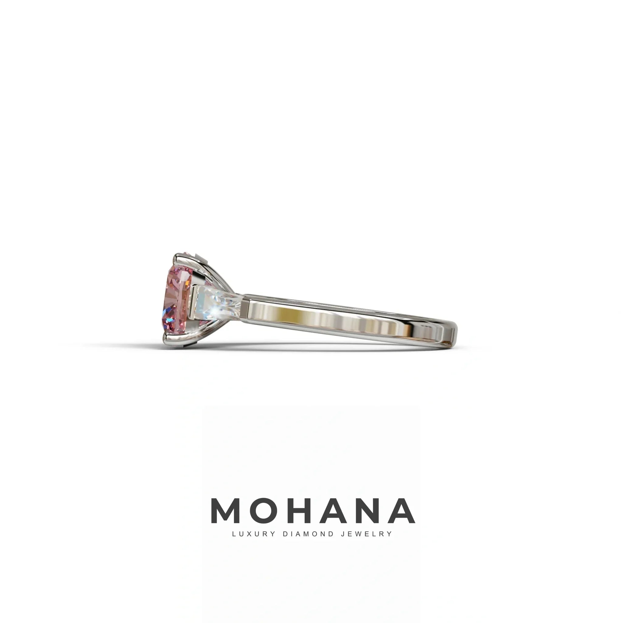 3 Carat Pink Cushion & Tapered Baguette Three Stone Engagement Ring