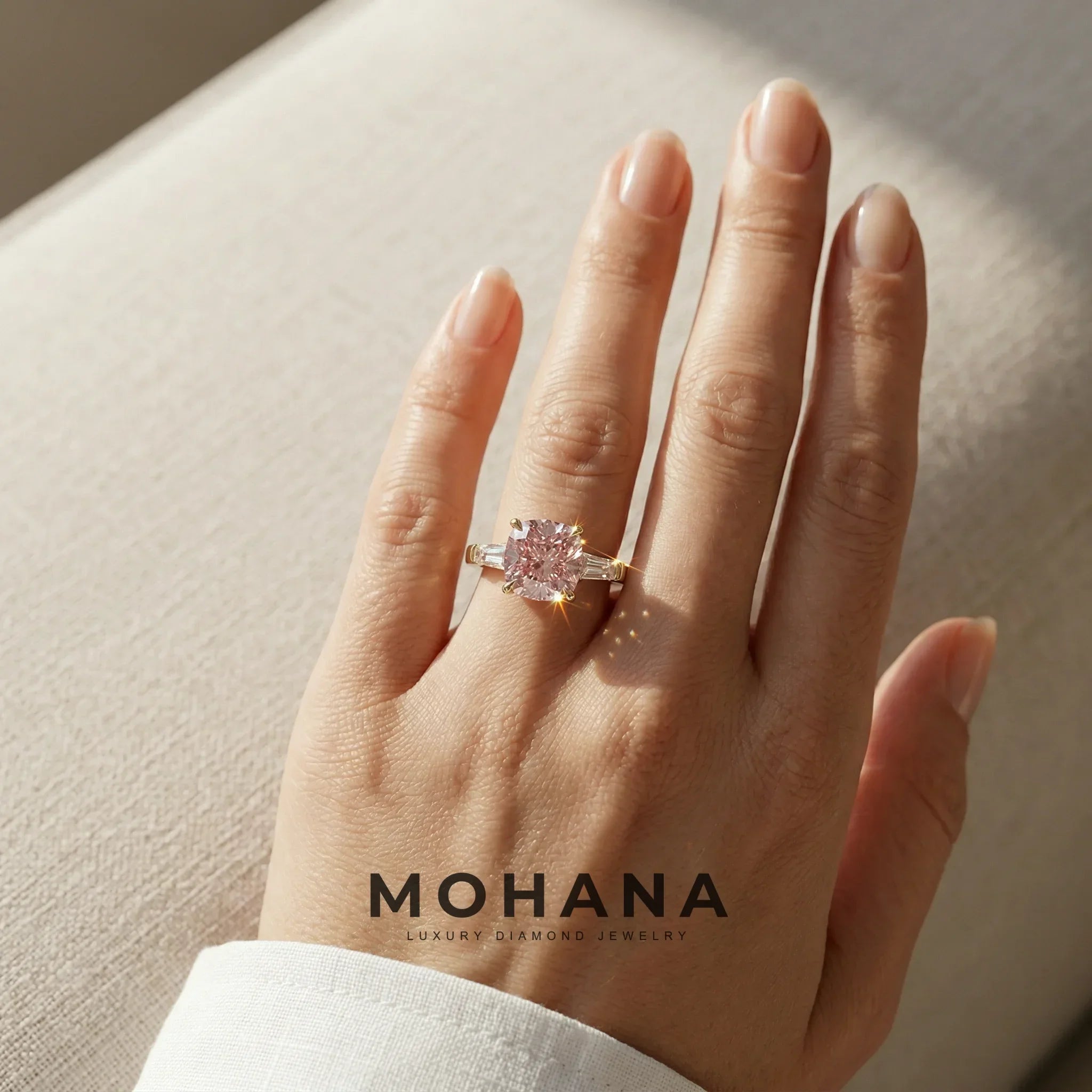 3.75 Carat Fancy Pink Cushion & Tapered Baguette Lab Grown Diamond Three Stone Engagement Ring