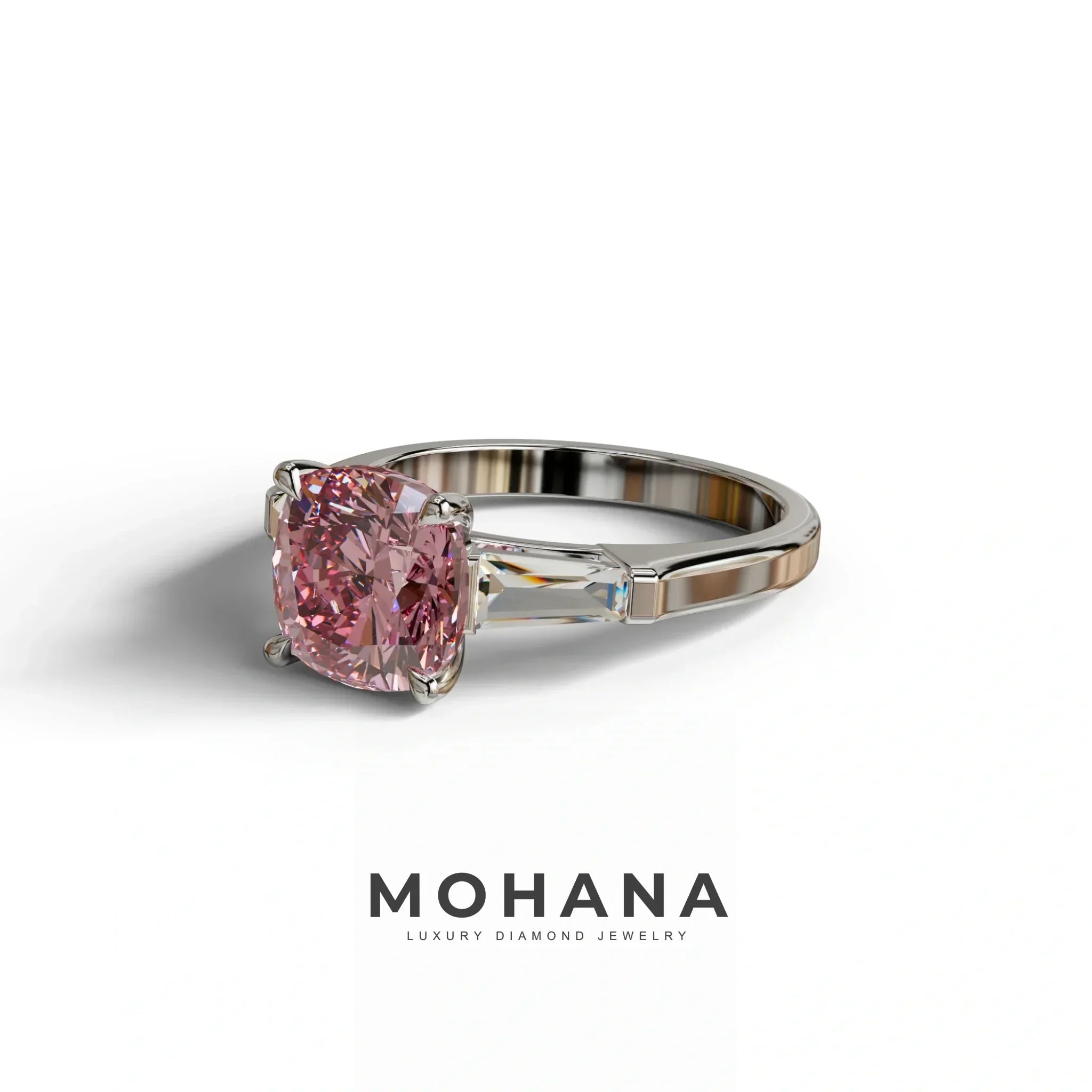 3 Carat Pink Cushion & Tapered Baguette Three Stone Engagement Ring