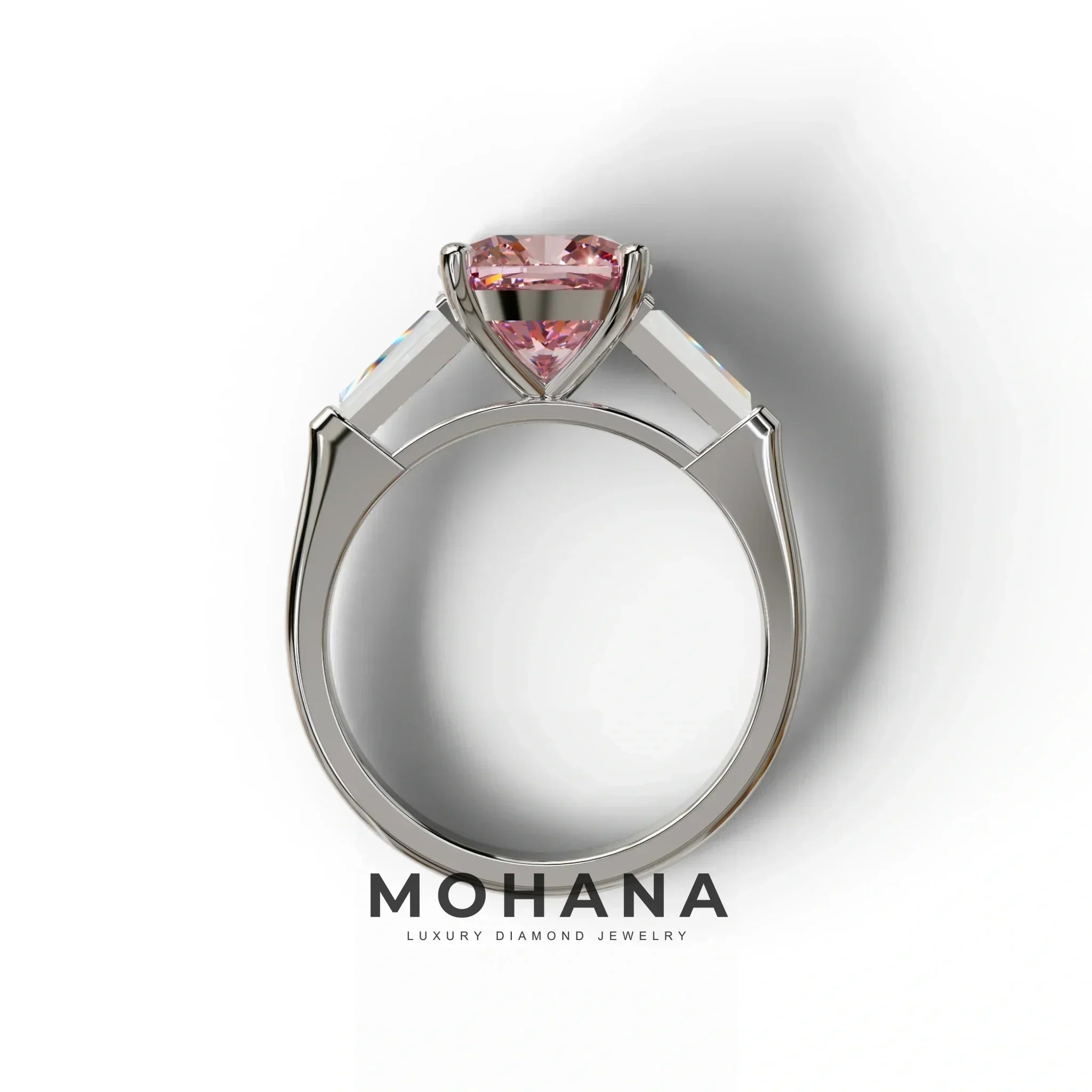 3 Carat Pink Cushion & Tapered Baguette Three Stone Engagement Ring