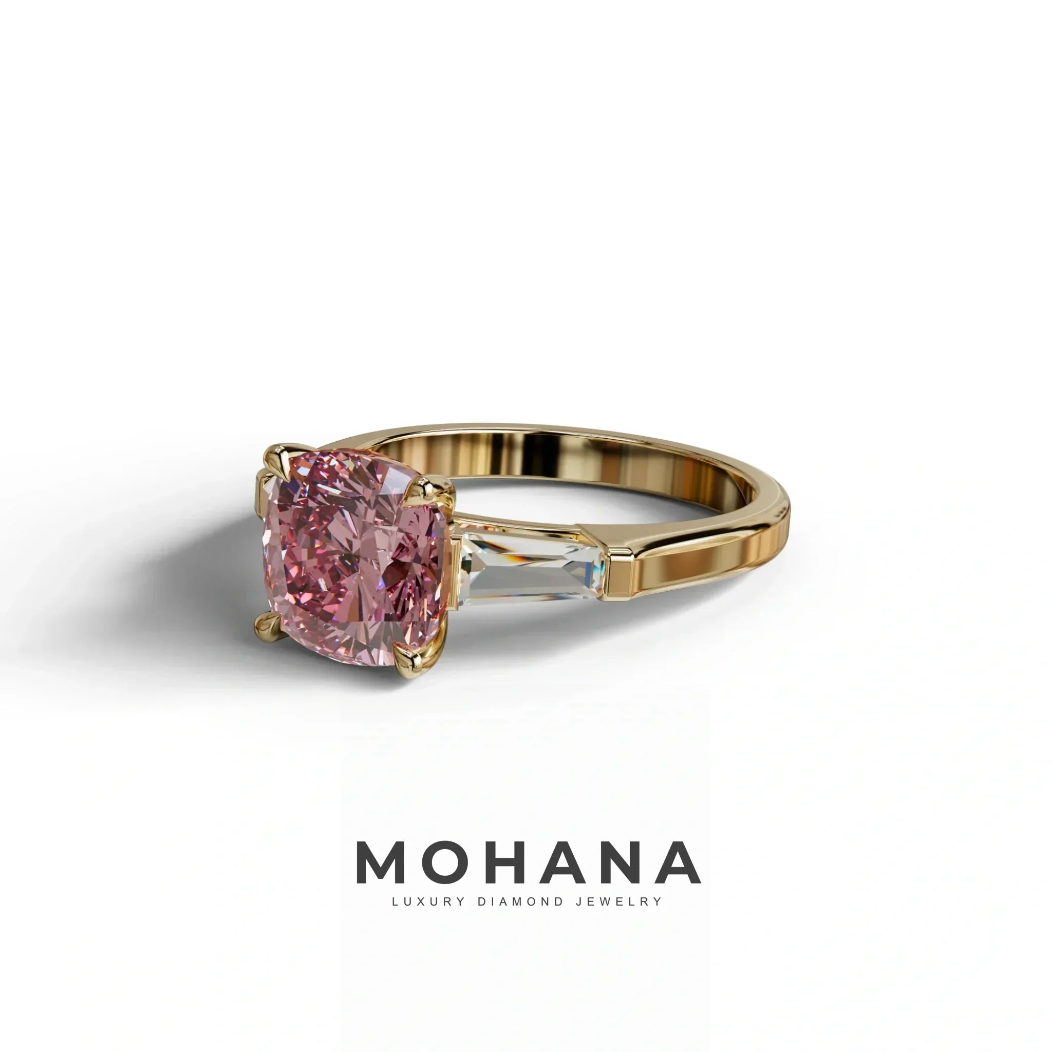 3 Carat Pink Cushion & Tapered Baguette Three Stone Engagement Ring