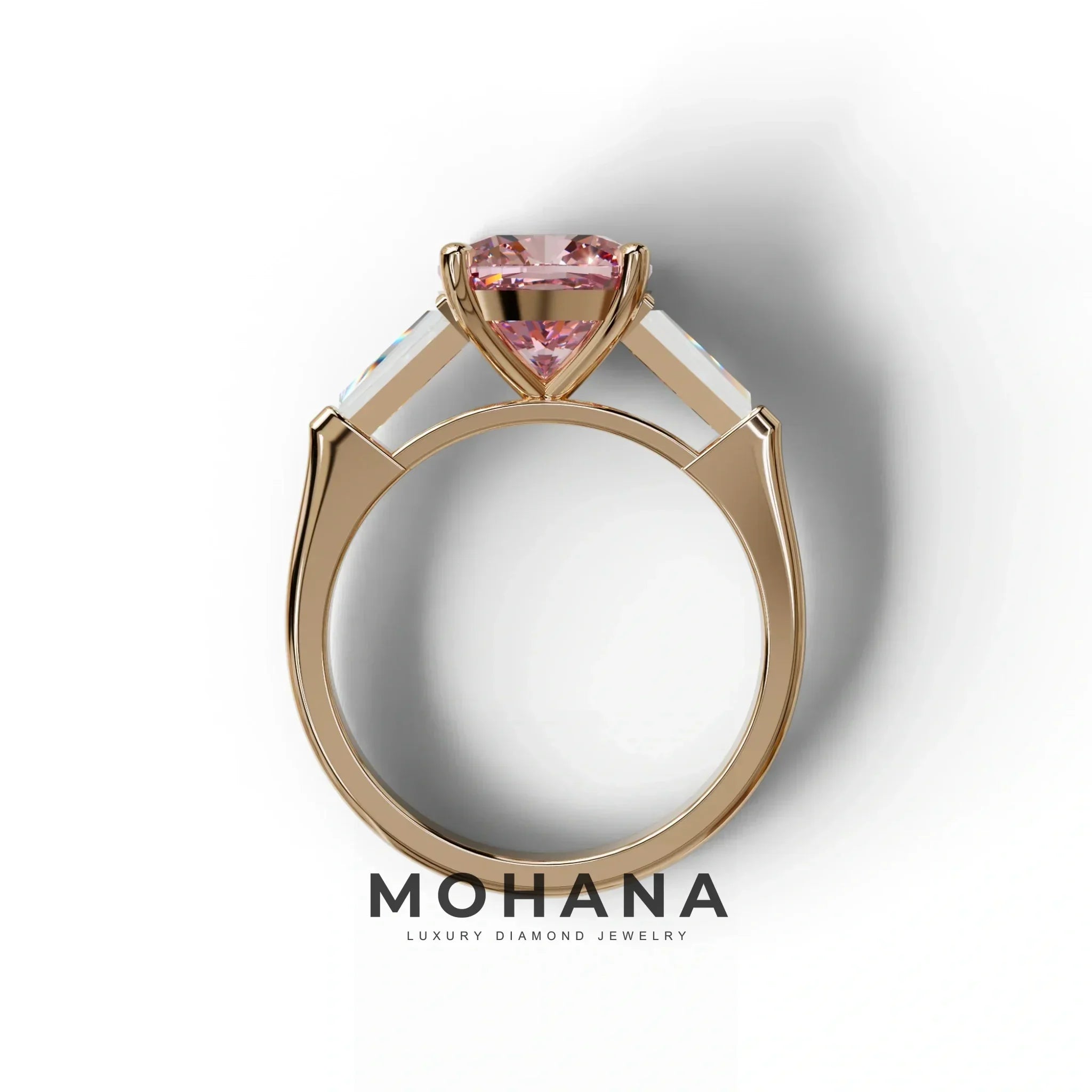 3 Carat Pink Cushion & Tapered Baguette Three Stone Engagement Ring