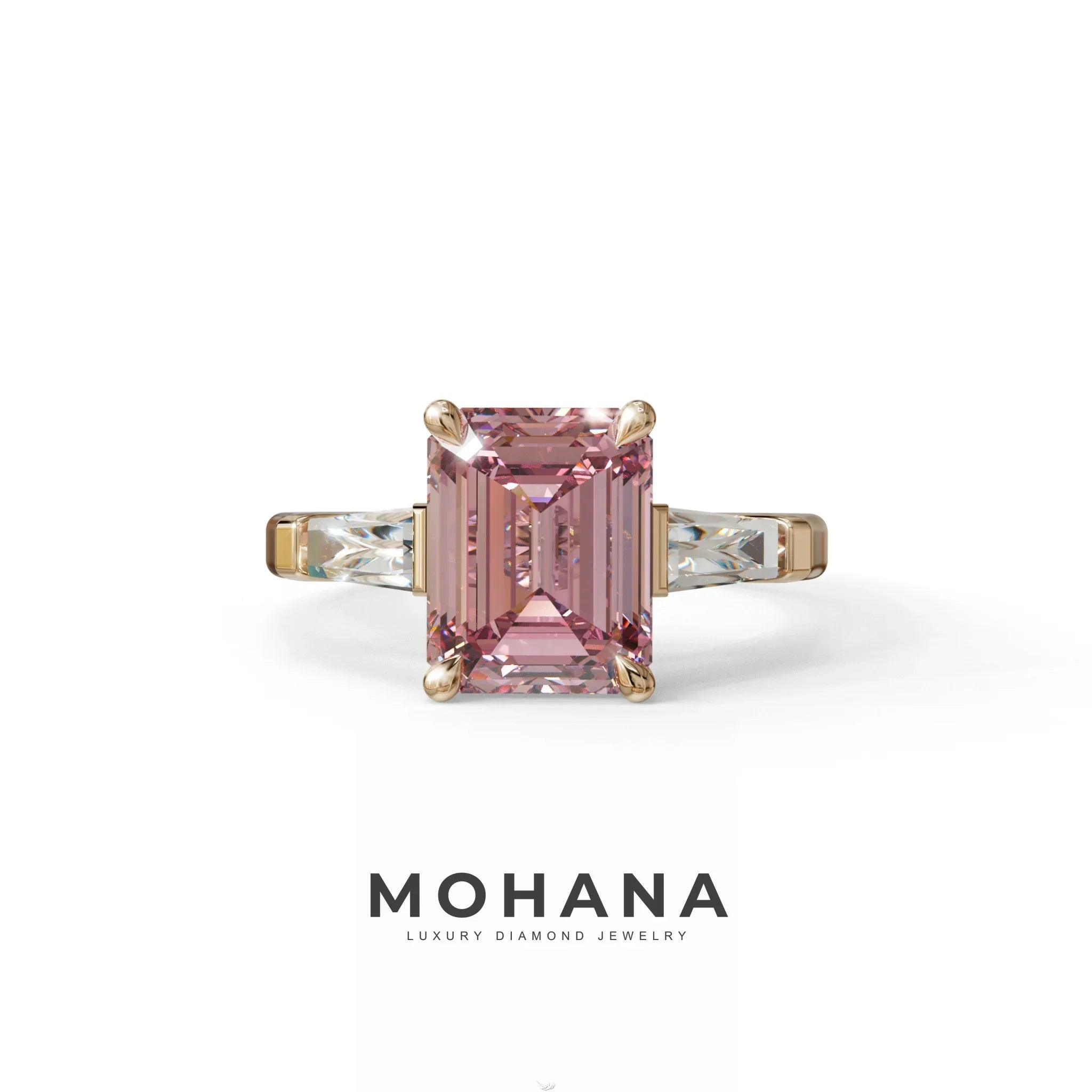 3 Carat Pink Emerald & Tapered Baguette diamond ring - 10K Solid Gold / Rose Gold