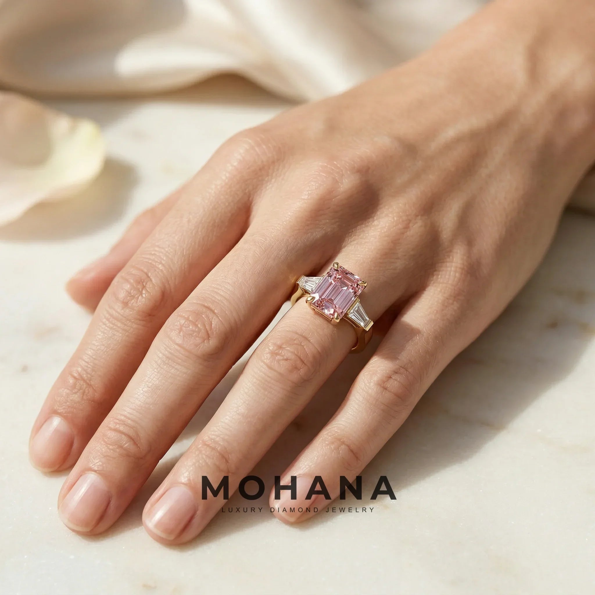 3.75ct Fancy Pink Emerald & Tapered Baguette Three Stone Lab Diamond Ring