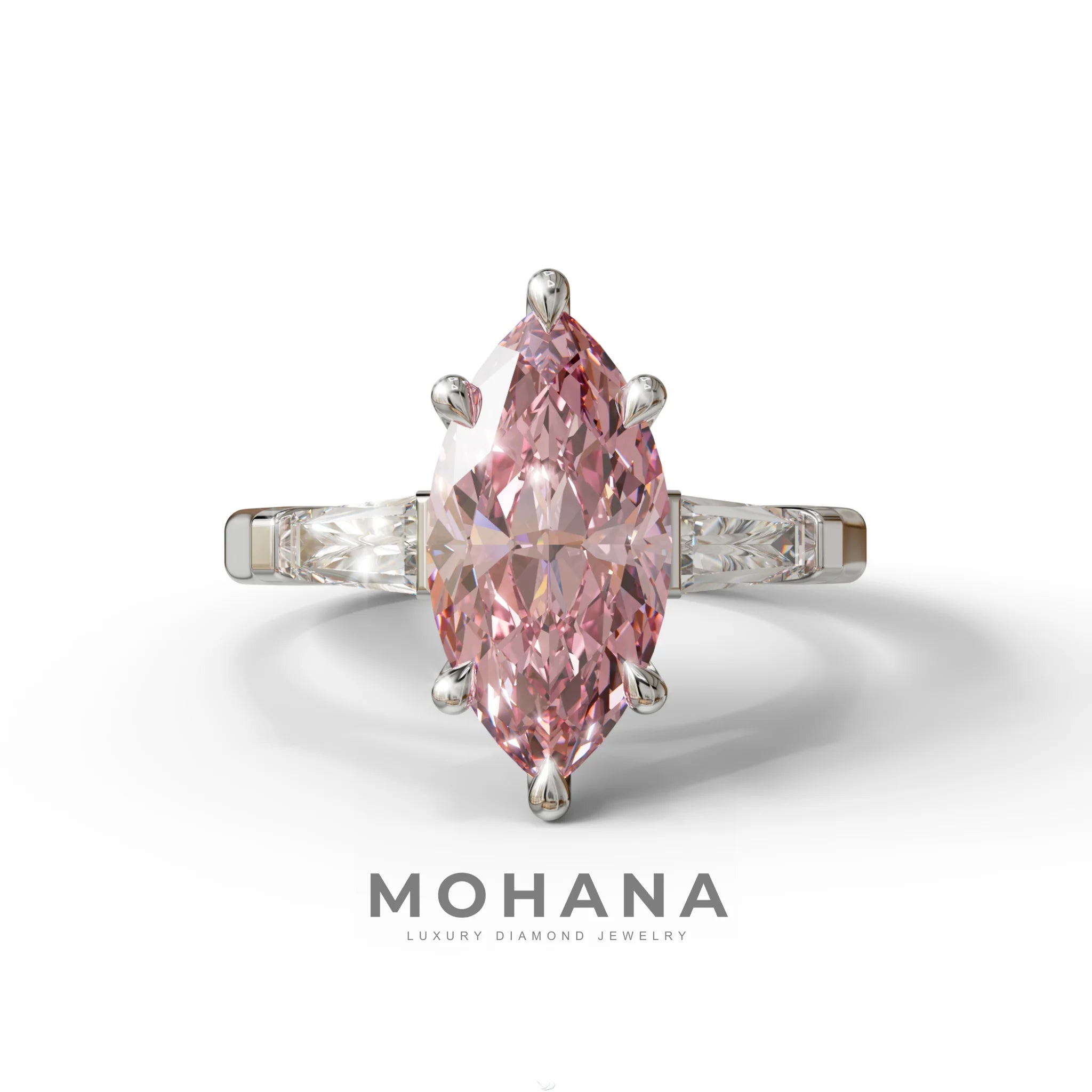 Pink Marquise & Tapered Baguette Multi Stone Engagement Ring - 10K Solid Gold / White Gold