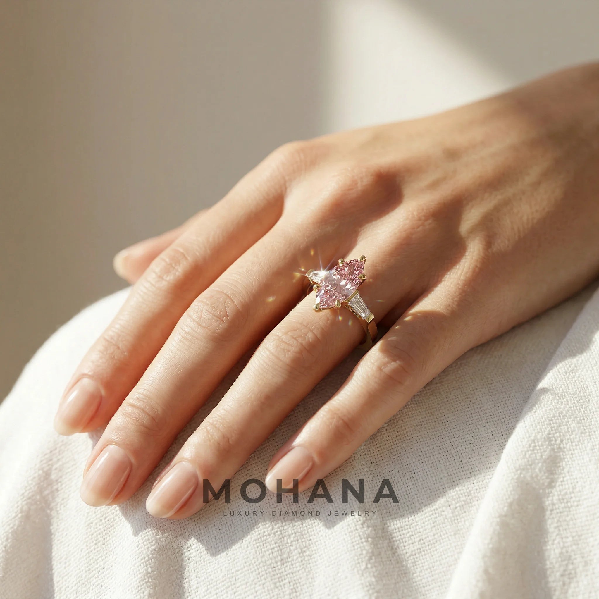 3.75 Carat Fancy Pink Marquise & Tapered Baguette Lab Grown Diamond Three Stone Engagement Ring