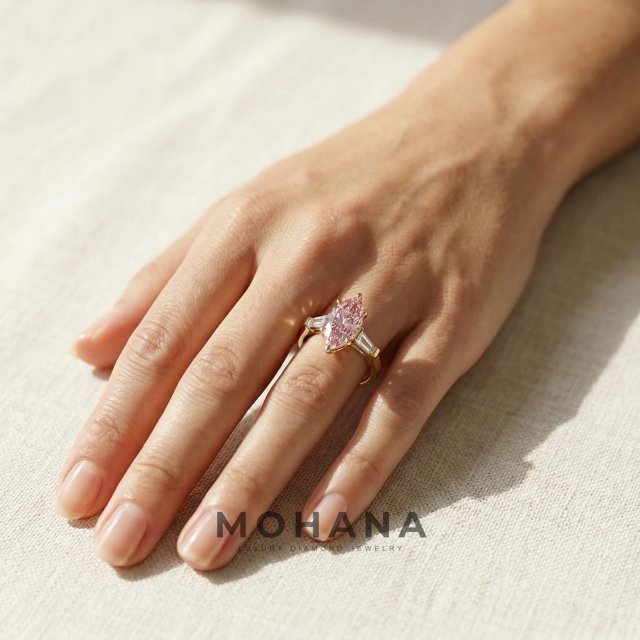 3.75 Carat Fancy Pink Marquise & Tapered Baguette Lab Grown Diamond Three Stone Engagement Ring