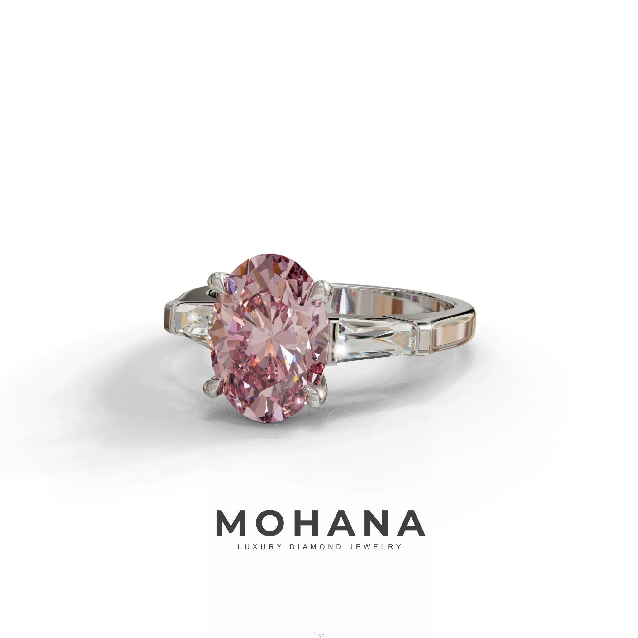 3 Carat Pink Oval & Tapered Baguette Lab Grown Diamond Three Stone Engagement Ring