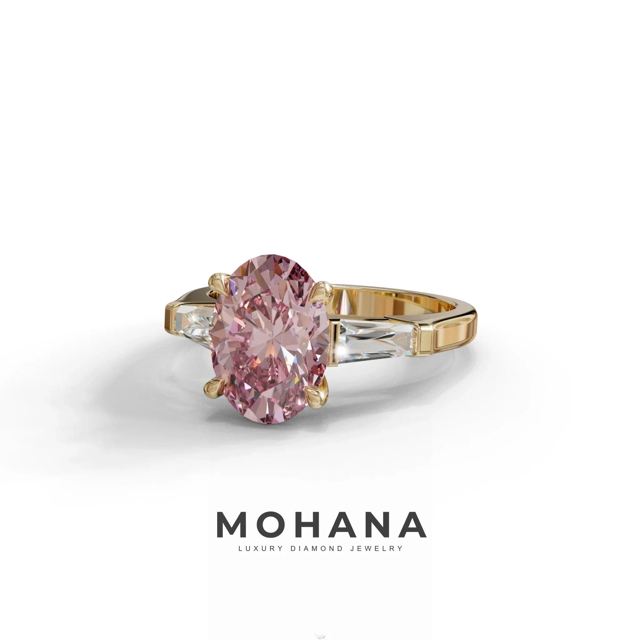 3 Carat Pink Oval & Tapered Baguette Lab Grown Diamond Three Stone Engagement Ring