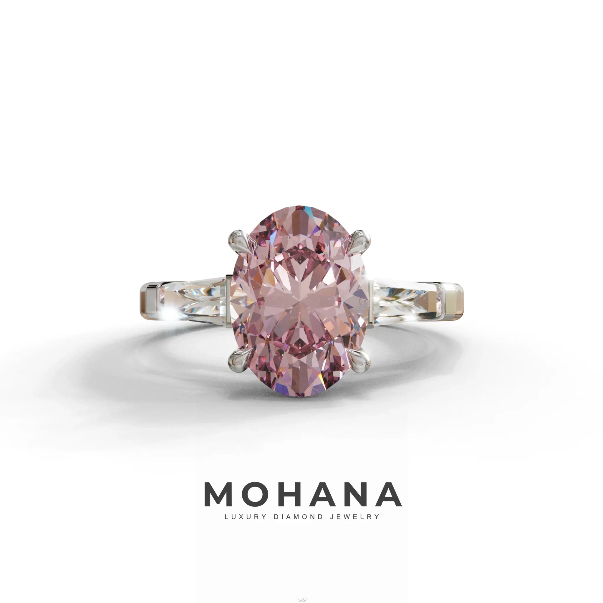 3 Carat Pink Oval & Tapered Baguette Lab Grown Diamond Three Stone Engagement Ring - 10K Solid Gold / White Gold