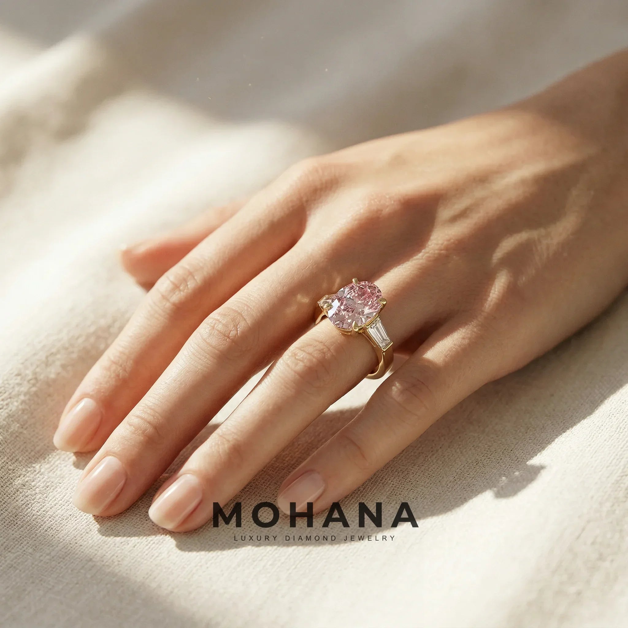 3.75 Carat Fancy Pink Oval & Tapered Baguette Lab Grown Diamond Three Stone Engagement Ring