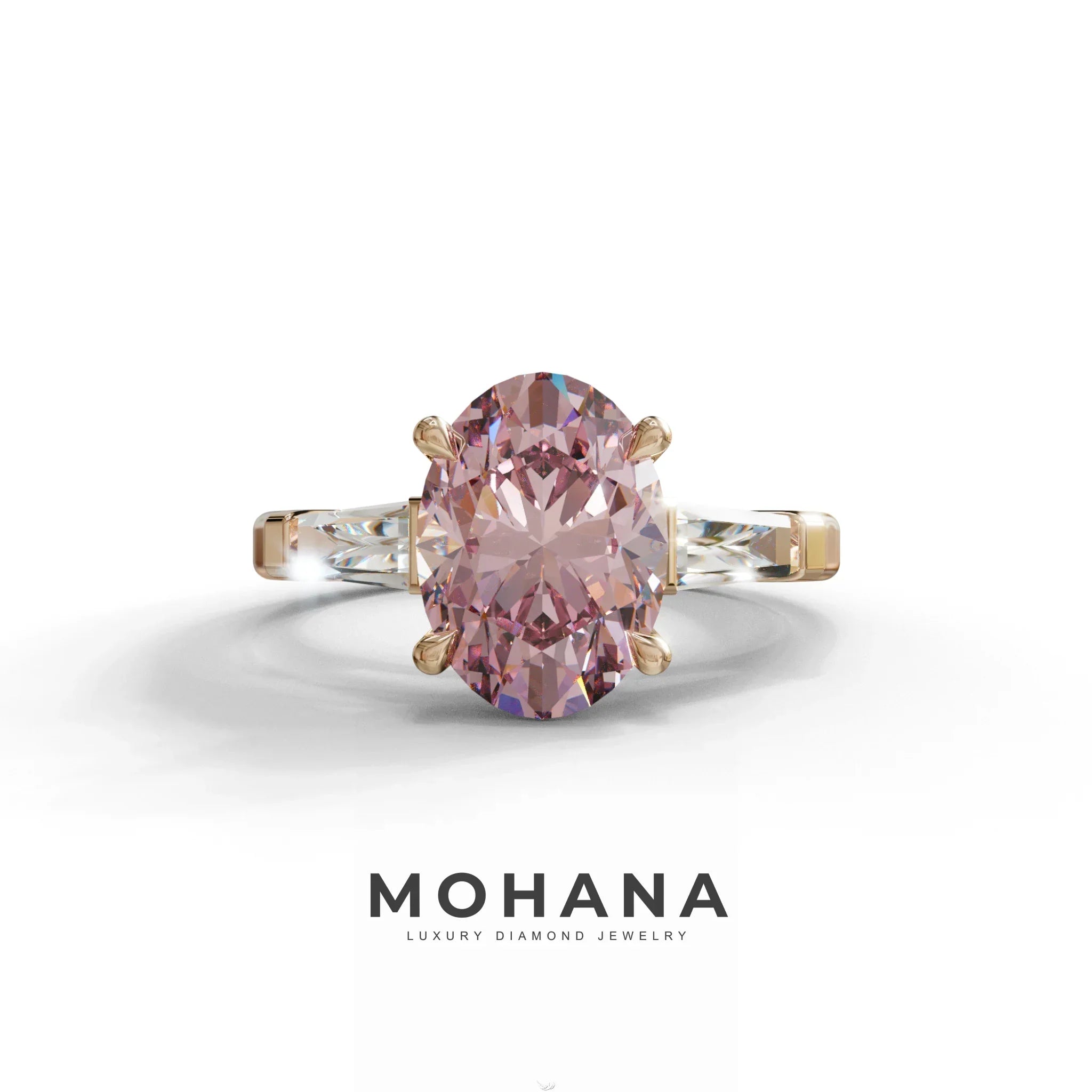 3 Carat Pink Oval & Tapered Baguette Lab Grown Diamond Three Stone Engagement Ring - 10K Solid Gold / Rose Gold