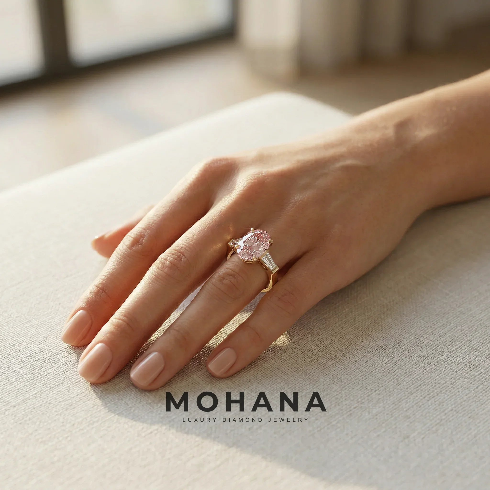 3.75 Carat Fancy Pink Oval & Tapered Baguette Lab Grown Diamond Three Stone Engagement Ring