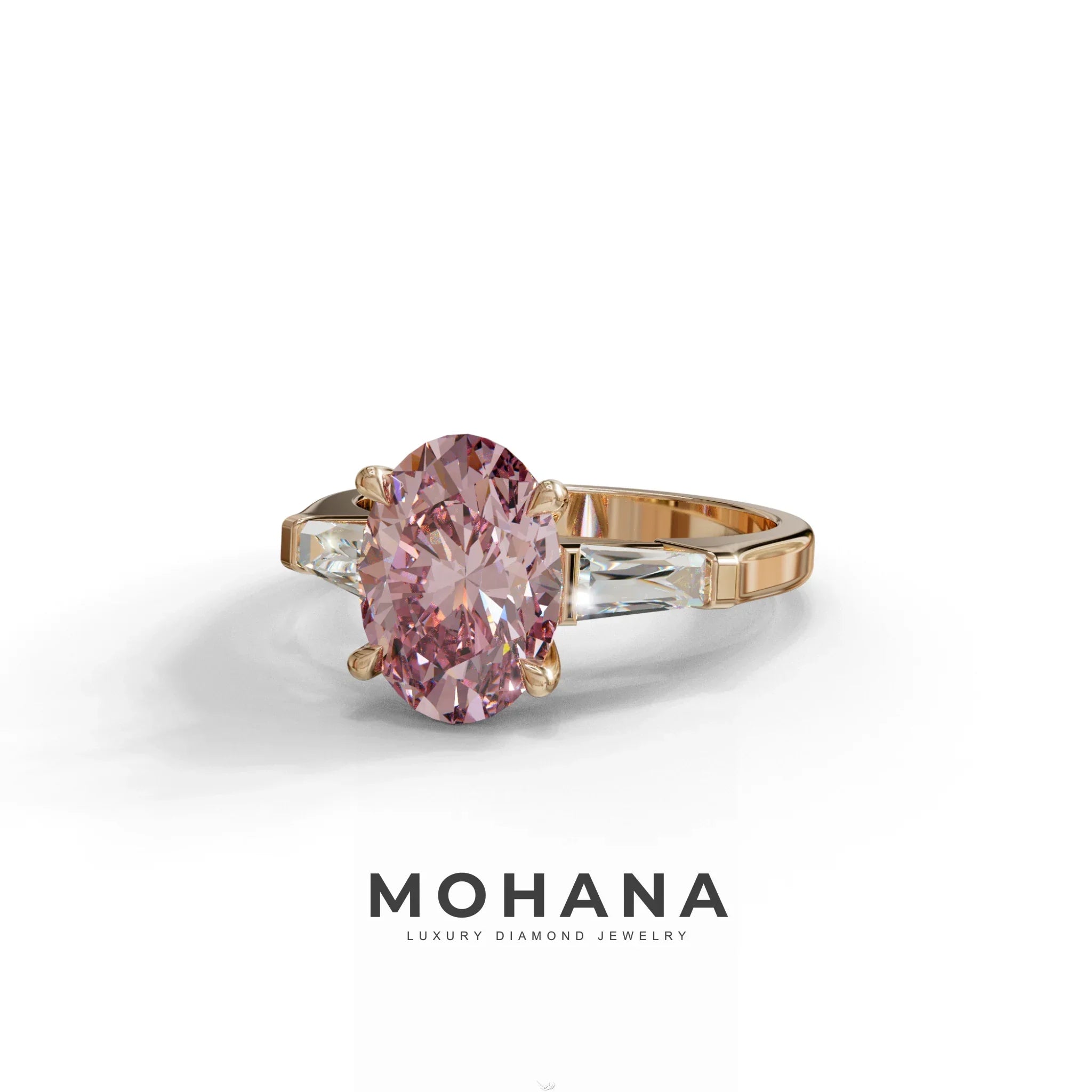 3 Carat Pink Oval & Tapered Baguette Lab Grown Diamond Three Stone Engagement Ring