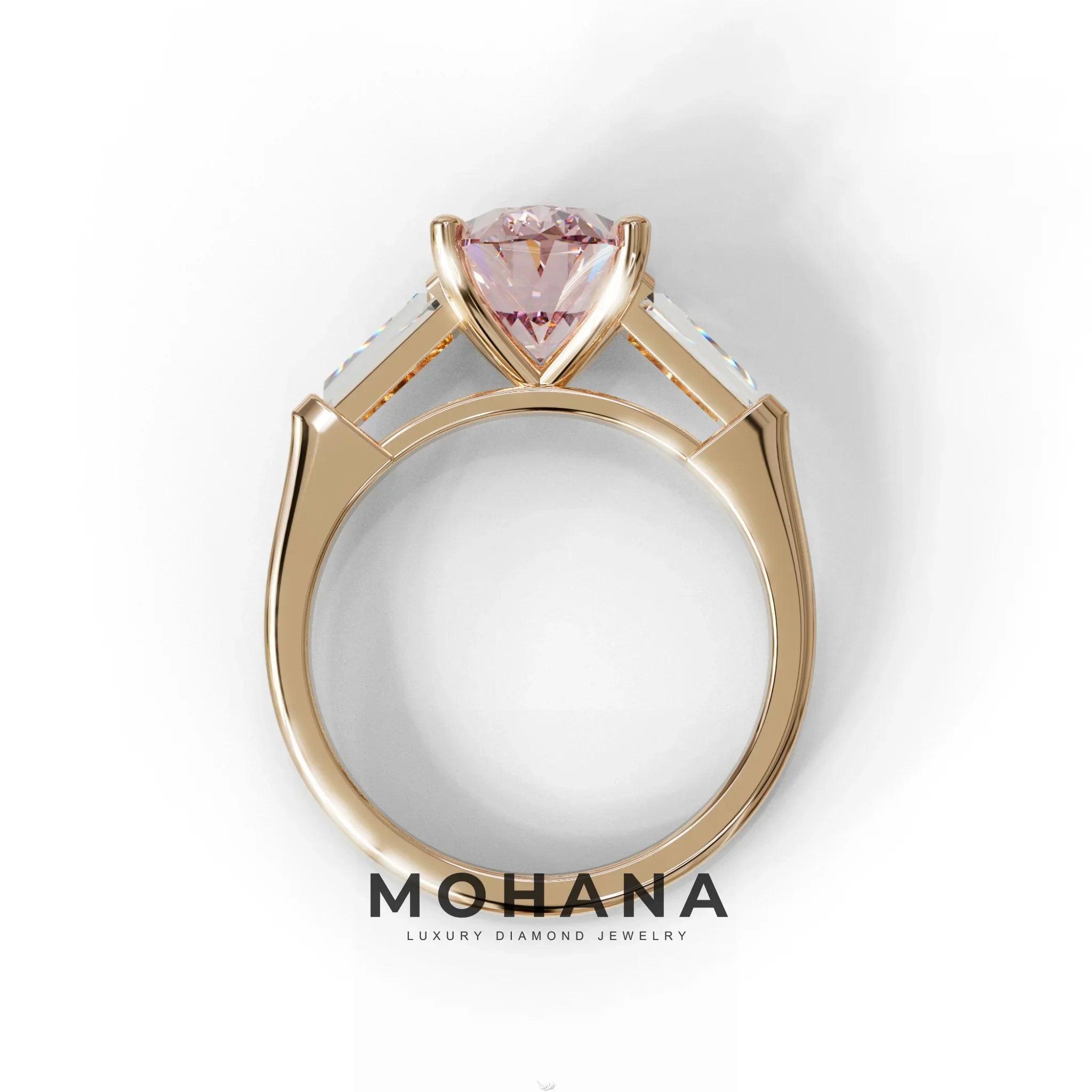 3 Carat Pink Oval & Tapered Baguette Lab Grown Diamond Three Stone Engagement Ring