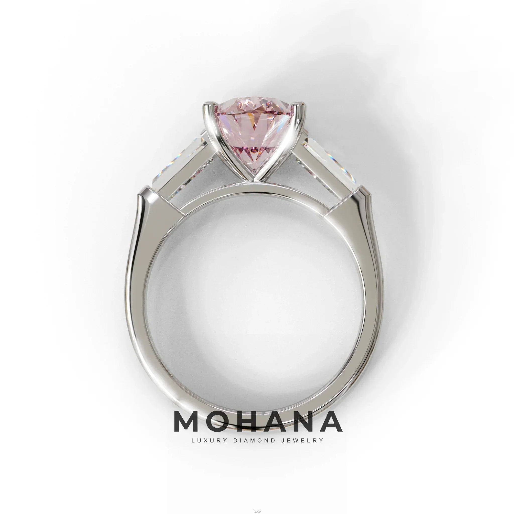 3 Carat Pink Oval & Tapered Baguette Lab Grown Diamond Three Stone Engagement Ring