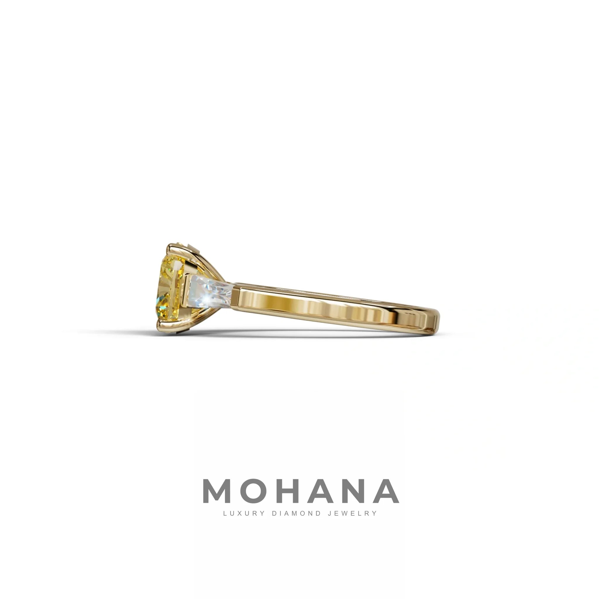 3 Carat Yellow Cushion & Tapered Baguette Three Stone Engagement Ring