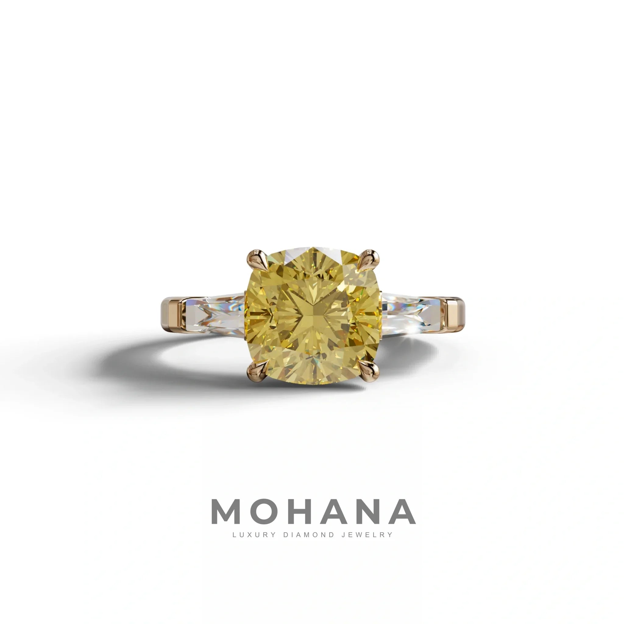 3 Carat Yellow Cushion & Tapered Baguette Three Stone Engagement Ring - 10K Solid Gold / Rose Gold