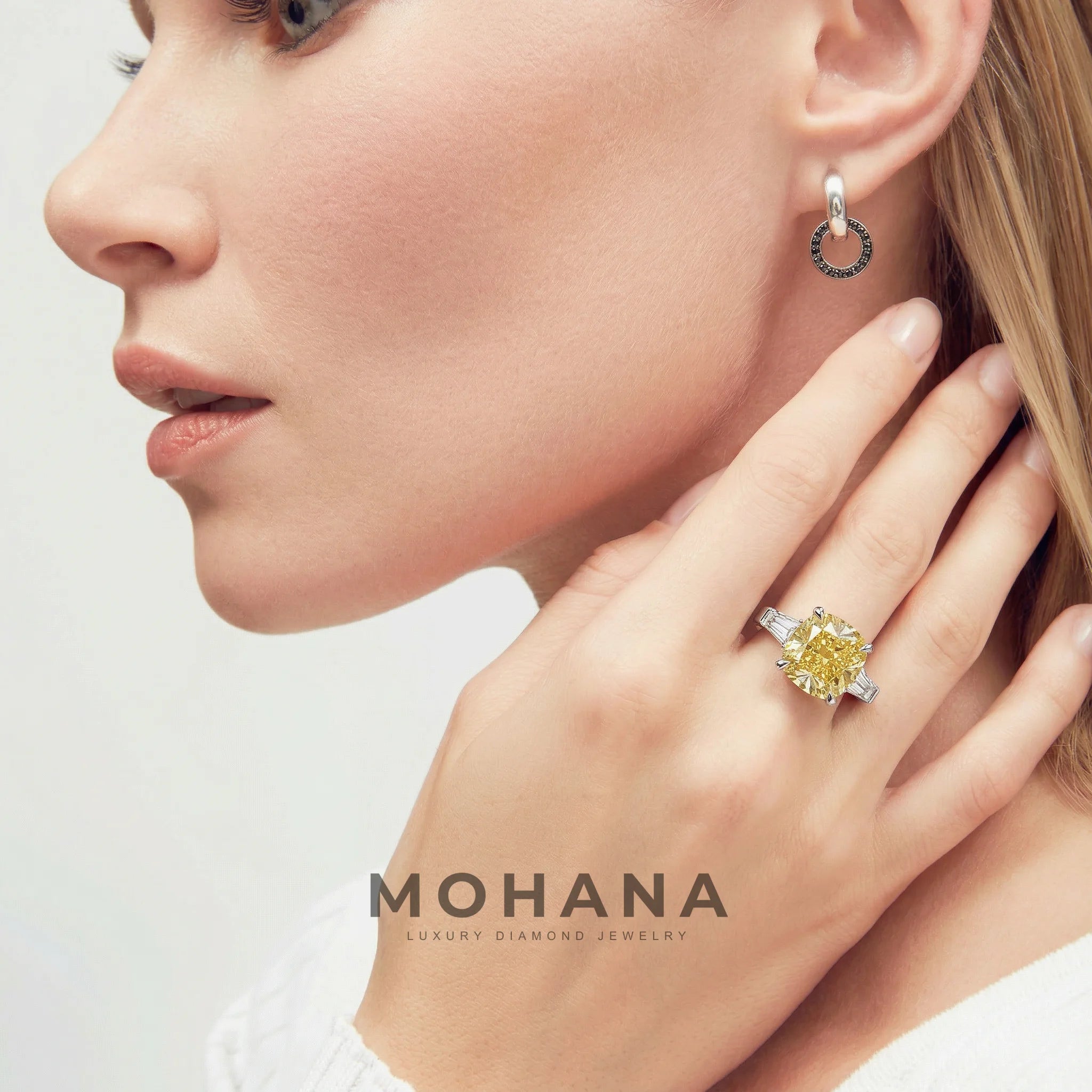 3.75 Carat Fancy Canary Yellow Cushion & Tapered Baguette Lab Grown Diamond Three Stone Engagement Ring