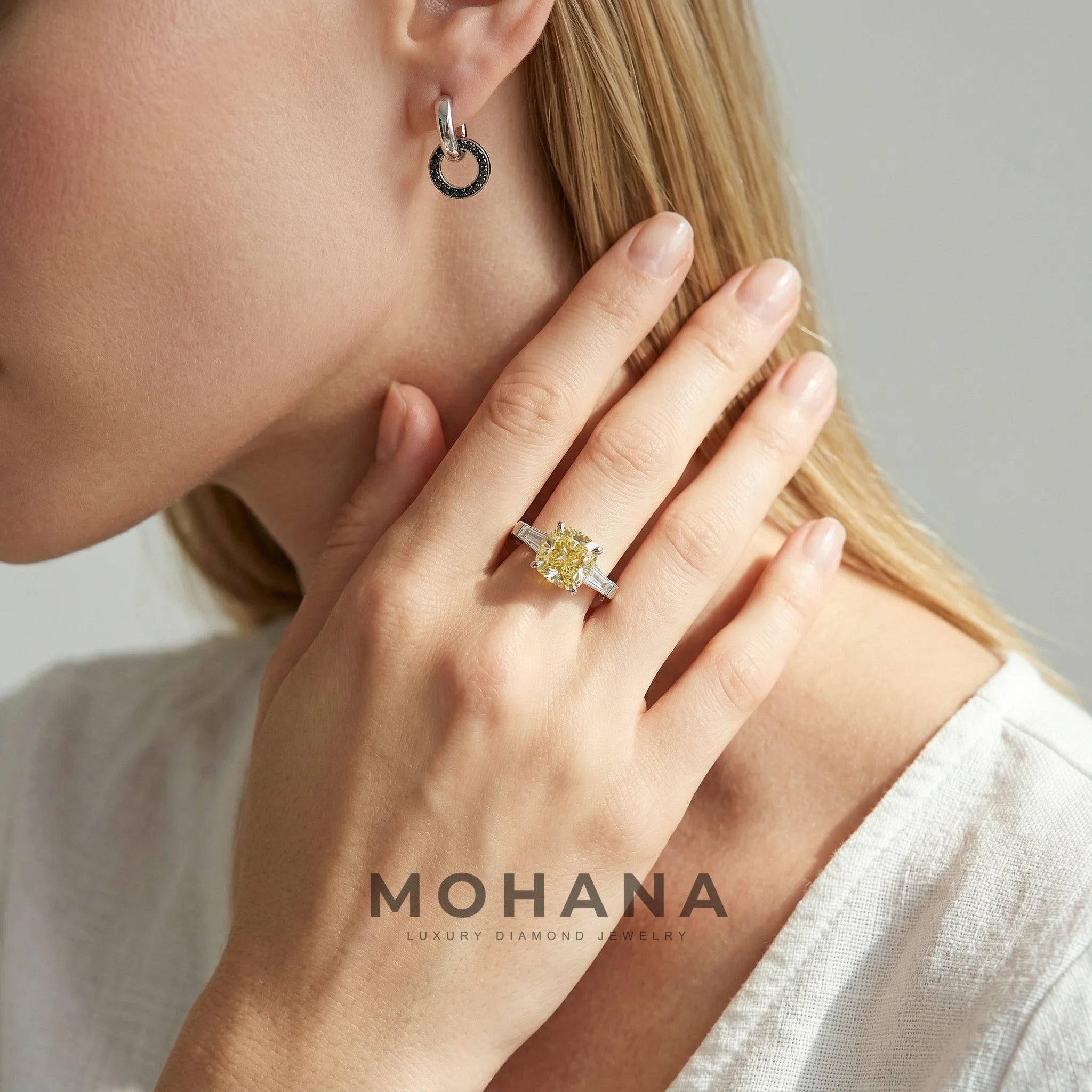 3.75 Carat Fancy Canary Yellow Cushion & Tapered Baguette Lab Grown Diamond Three Stone Engagement Ring
