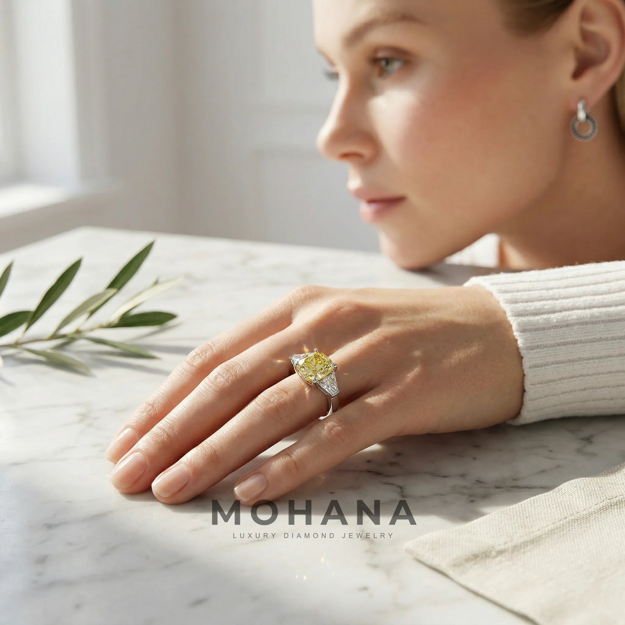 3.75 Carat Fancy Canary Yellow Cushion & Tapered Baguette Lab Grown Diamond Three Stone Engagement Ring