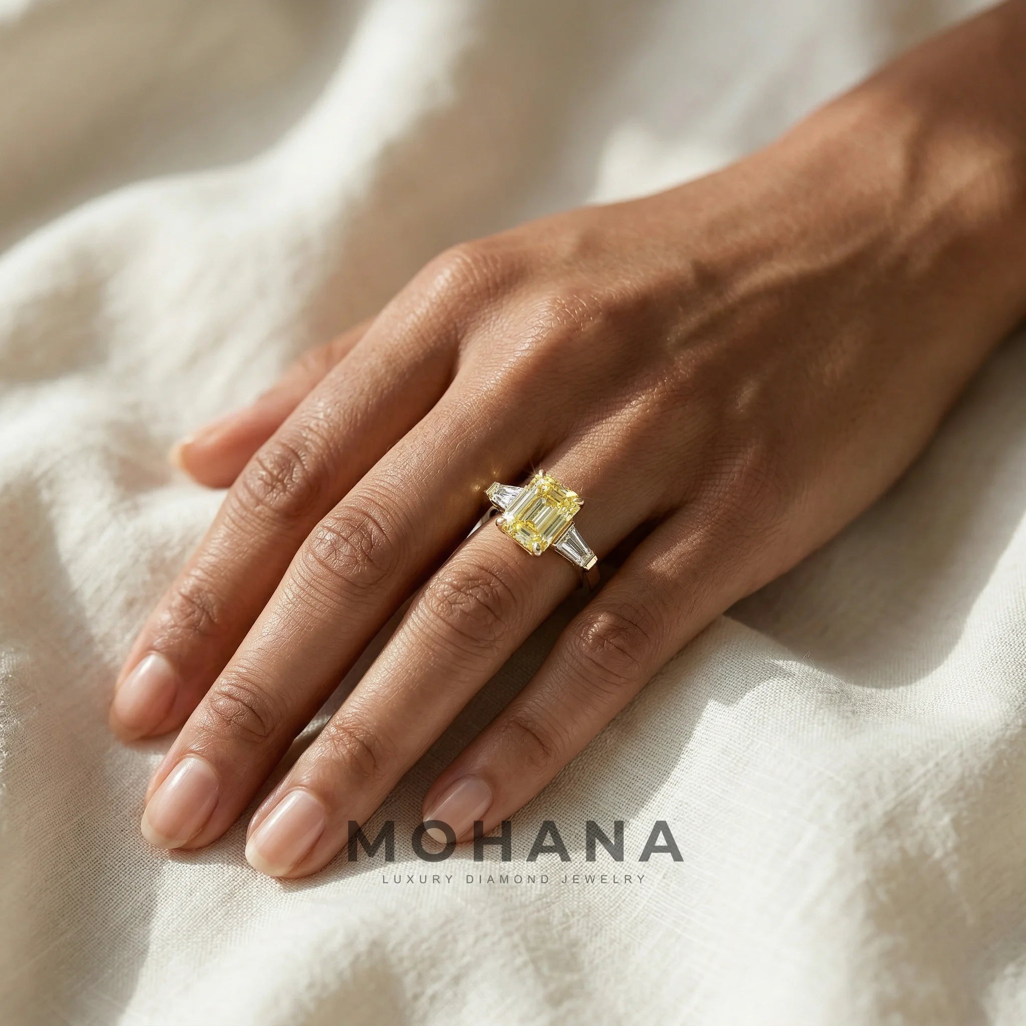 3.75ct Canary Yellow Emerald & Tapered Baguette Three Stone Lab Diamond Ring