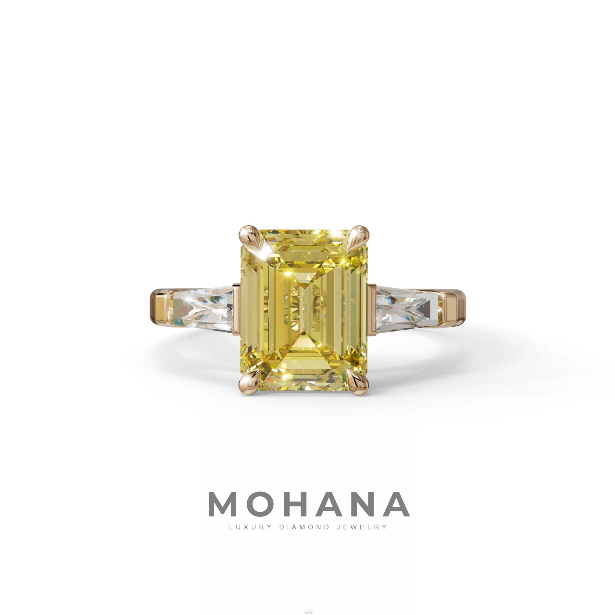 3 Carat Yellow Emerald & Tapered Baguette diamond ring - 10K Solid Gold / Rose Gold