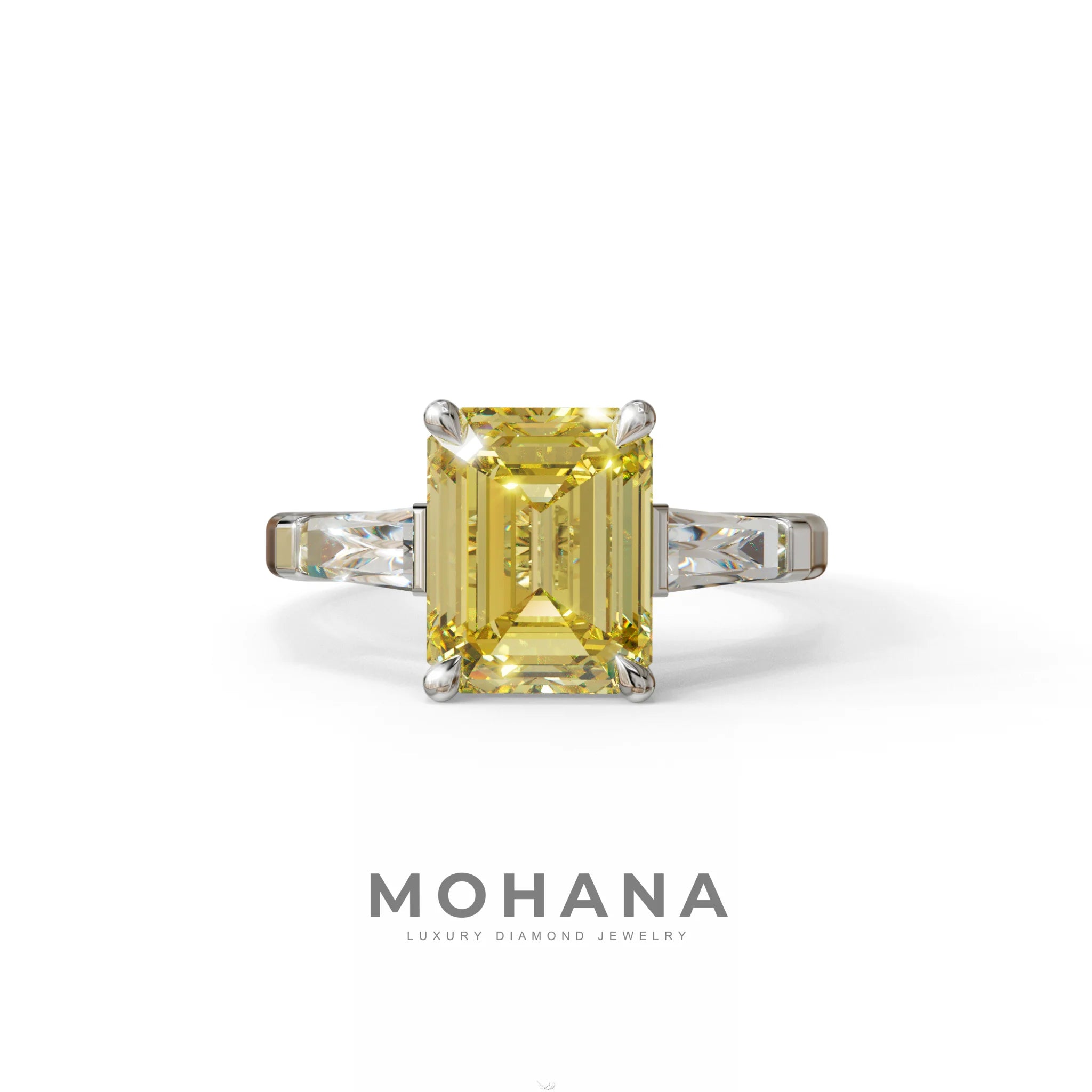 3 Carat Yellow Emerald & Tapered Baguette diamond ring - 10K Solid Gold / White Gold