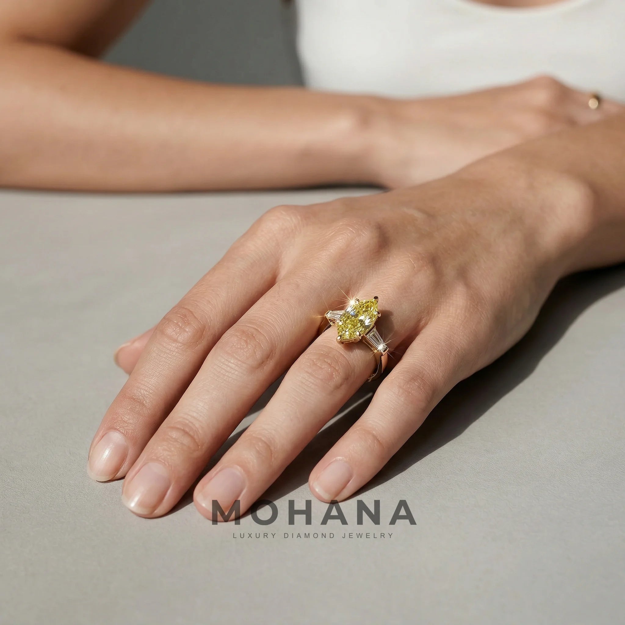 3.75 Carat Canary Yellow Marquise & Tapered Baguette Lab Grown Diamond Three Stone Engagement Ring