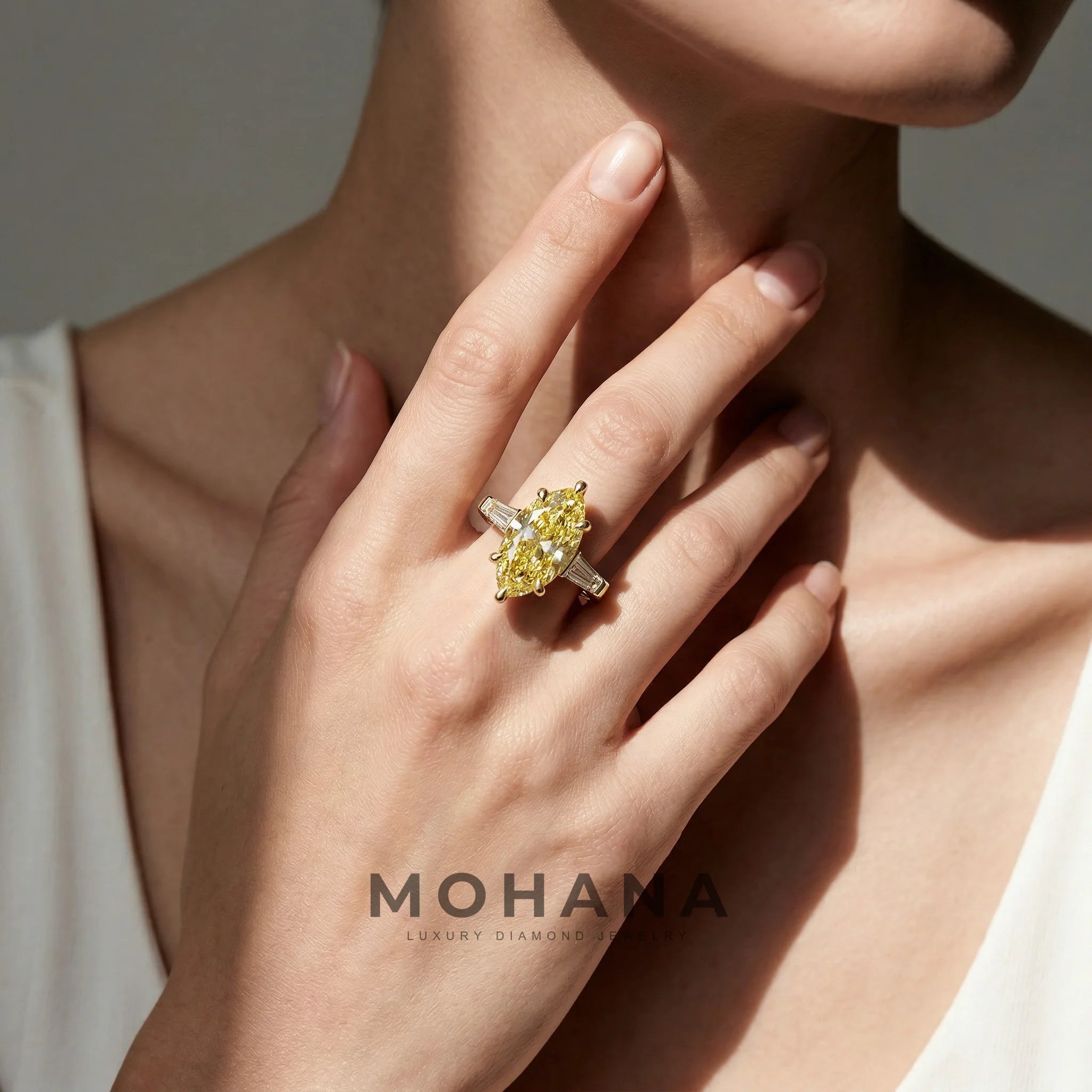 3.75 Carat Canary Yellow Marquise & Tapered Baguette Lab Grown Diamond Three Stone Engagement Ring