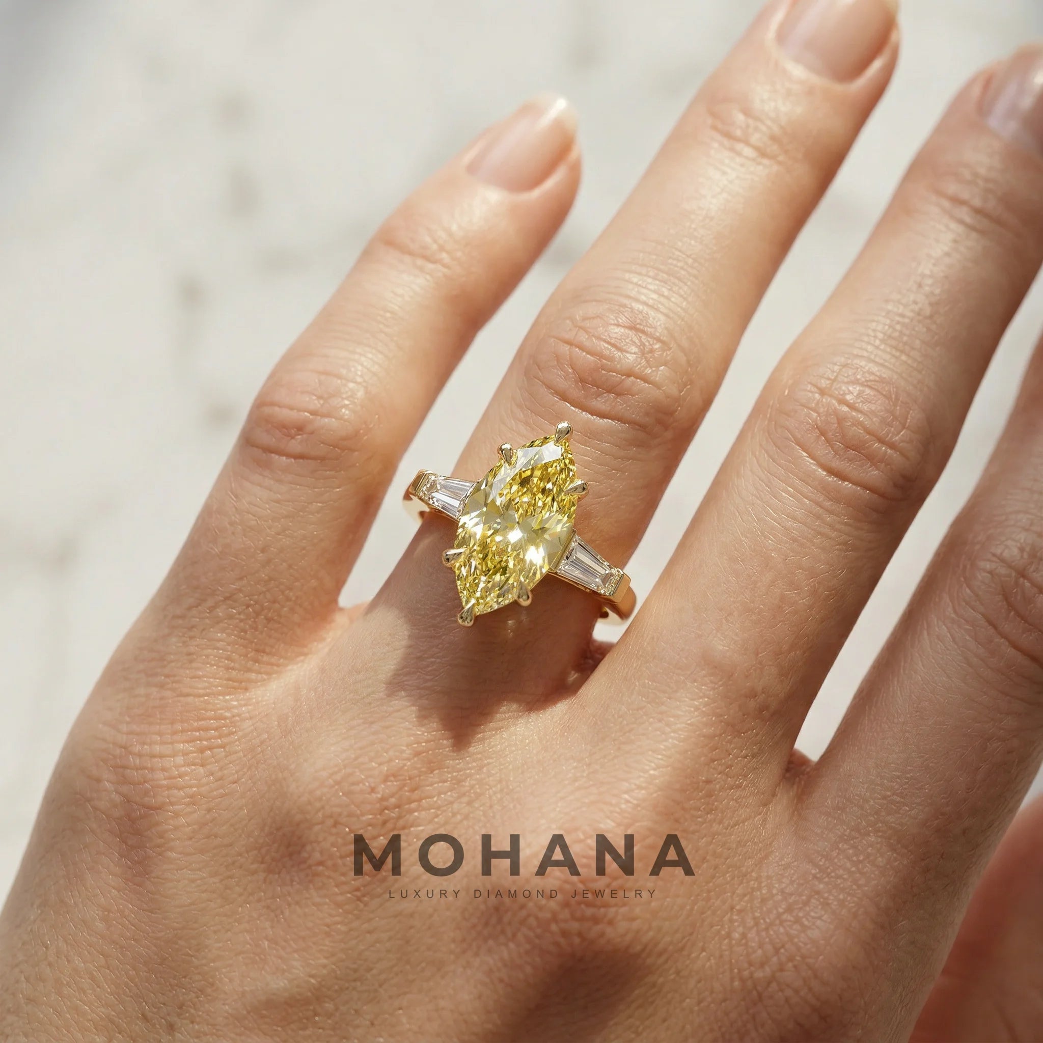 3.75 Carat Canary Yellow Marquise & Tapered Baguette Lab Grown Diamond Three Stone Engagement Ring