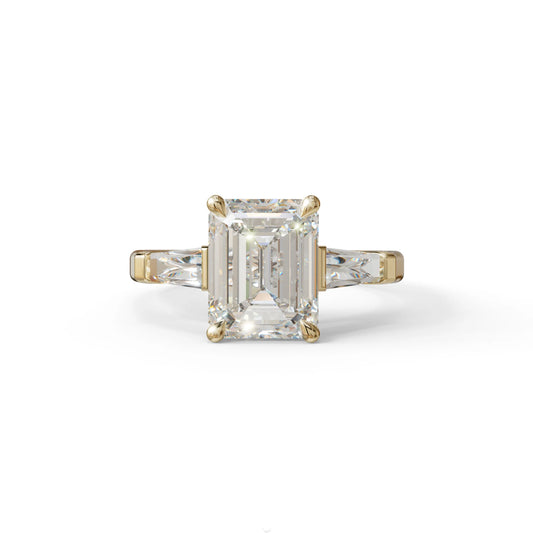 3.75ct E/VVS Emerald & Tapered Baguette Three Stone Lab Diamond Ring - 10K Solid Gold / Yellow Gold