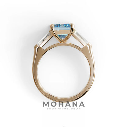 3.75ct Fancy Blue Emerald & Tapered Baguette Three Stone Lab Diamond Ring