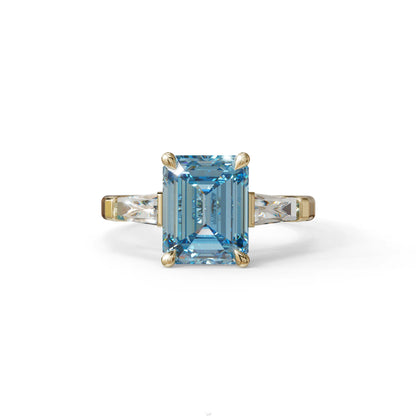 3.75ct Fancy Blue Emerald & Tapered Baguette Three Stone Lab Diamond Ring - 10K Solid Gold / Yellow Gold