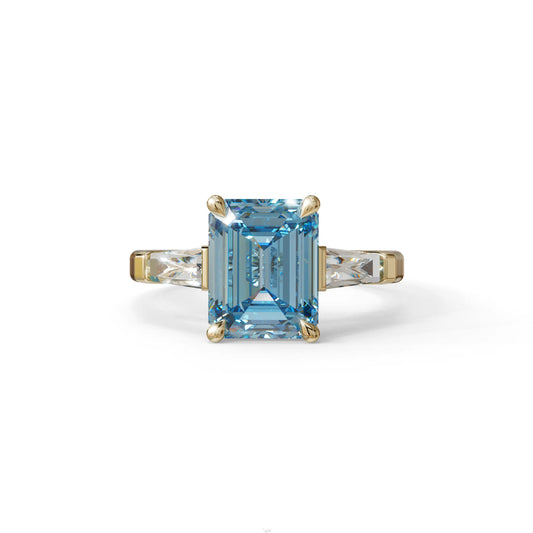 3.75ct Fancy Blue Emerald & Tapered Baguette Three Stone Lab Diamond Ring - 10K Solid Gold / Yellow Gold