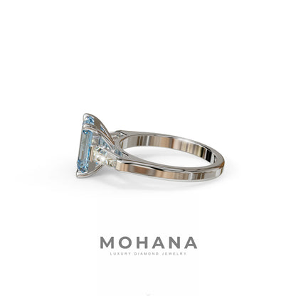 3.75ct Fancy Blue Emerald & Tapered Baguette Three Stone Lab Diamond Ring