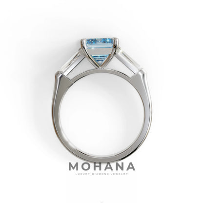 3.75ct Fancy Blue Emerald & Tapered Baguette Three Stone Lab Diamond Ring
