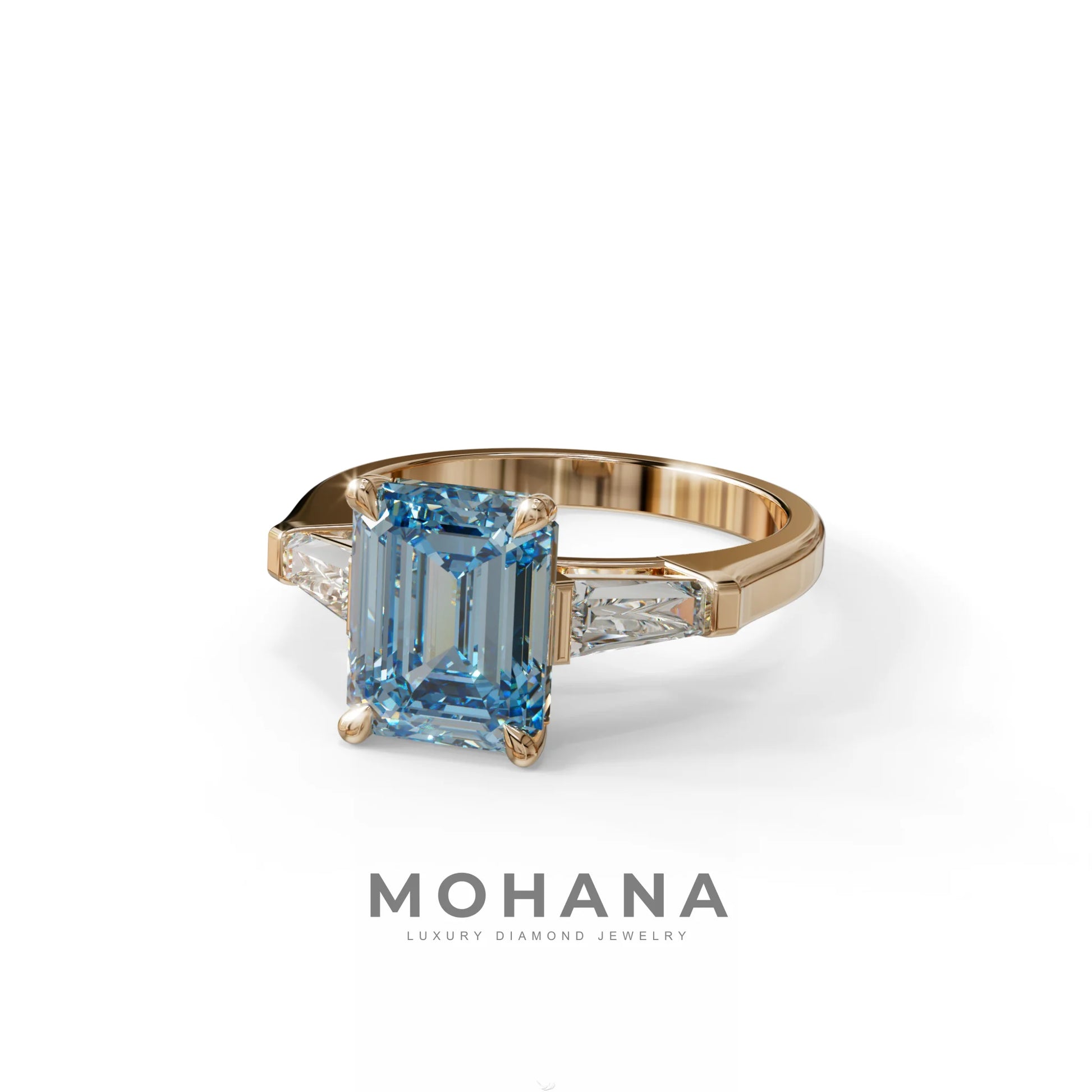 3.75ct Fancy Blue Emerald & Tapered Baguette Three Stone Lab Diamond Ring