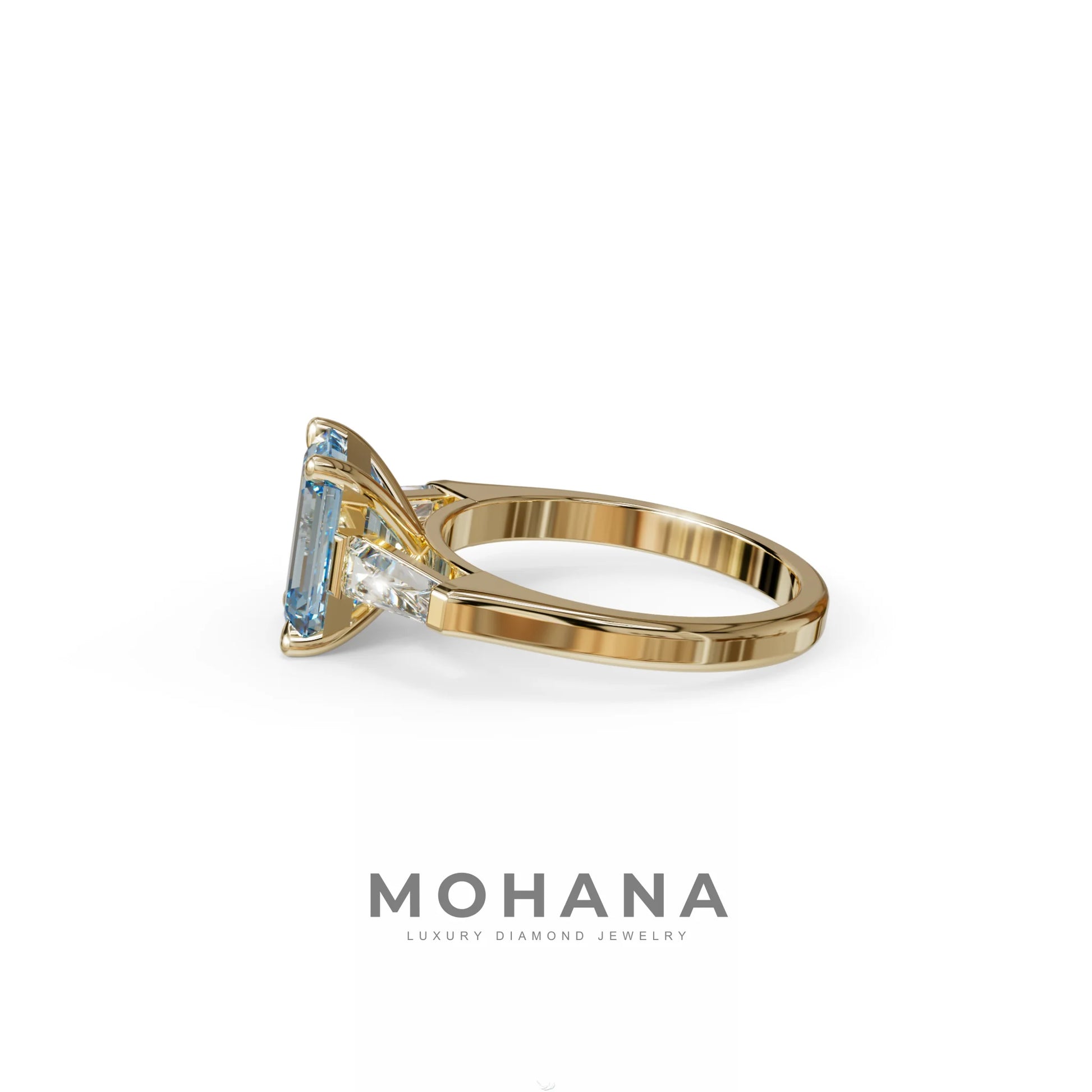 3.75ct Fancy Blue Emerald & Tapered Baguette Three Stone Lab Diamond Ring