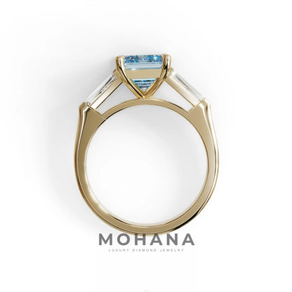 3.75ct Fancy Blue Emerald & Tapered Baguette Three Stone Lab Diamond Ring