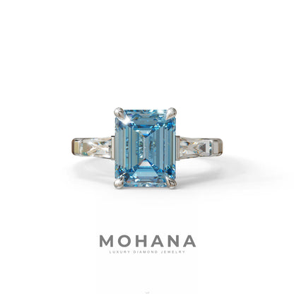 3.75ct Fancy Blue Emerald & Tapered Baguette Three Stone Lab Diamond Ring - 10K Solid Gold / White Gold