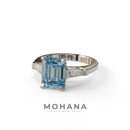 3.75ct Fancy Blue Emerald & Tapered Baguette Three Stone Lab Diamond Ring