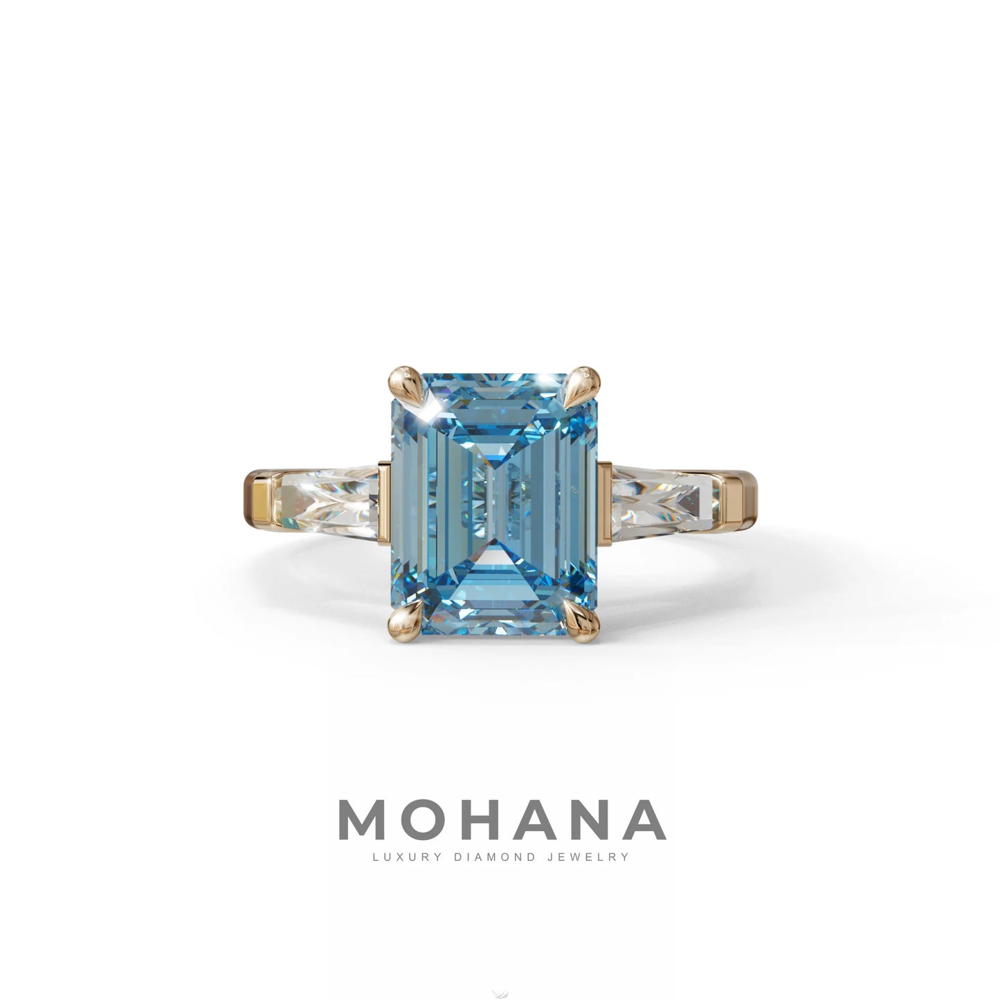 3.75ct Fancy Blue Emerald & Tapered Baguette Three Stone Lab Diamond Ring - 10K Solid Gold / Rose Gold