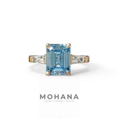 3.75ct Fancy Blue Emerald & Tapered Baguette Three Stone Lab Diamond Ring - 10K Solid Gold / Rose Gold