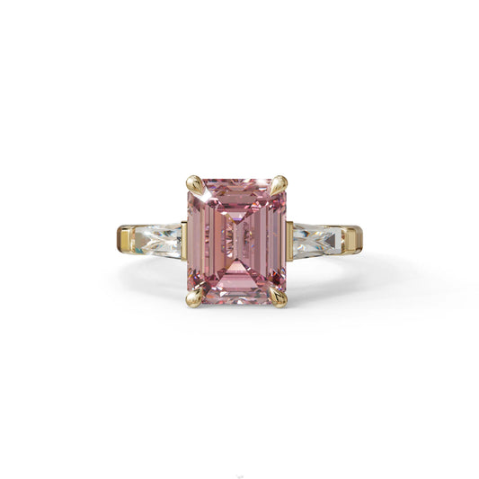 3 Carat Pink Emerald & Tapered Baguette diamond ring - 10K Solid Gold / Yellow Gold