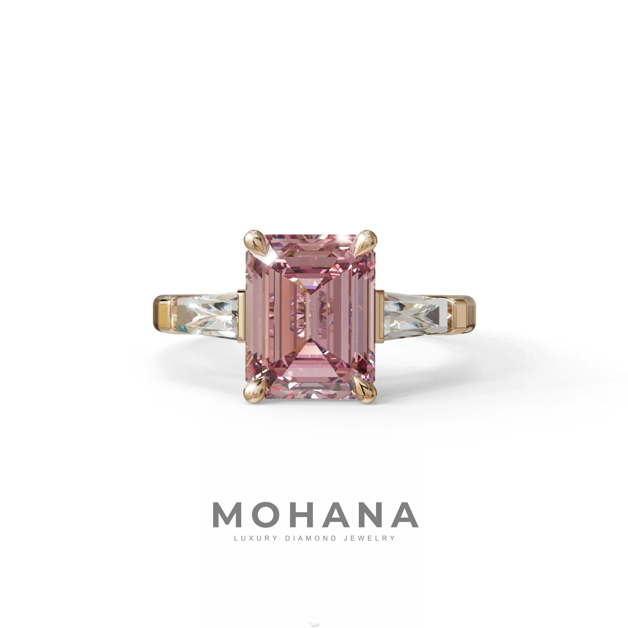 3 Carat Pink Emerald & Tapered Baguette diamond ring - 10K Solid Gold / Rose Gold